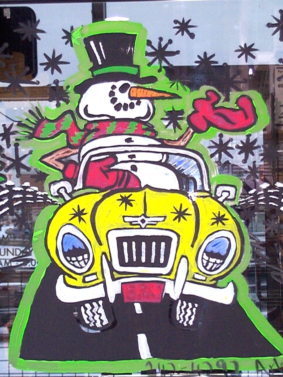 snowman driving a car